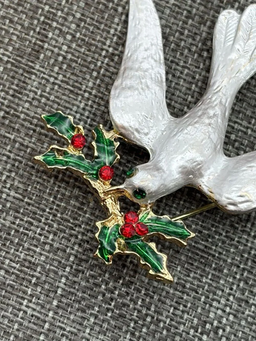 Vintage Christmas Dove Brooch 1.75 In White Green Red Enamel Rhinestone Holiday